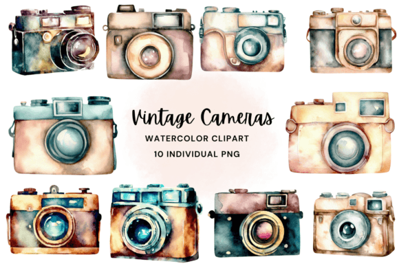 Download Vintage Cameras Watercolor Clipart PNG - Premium Bundle